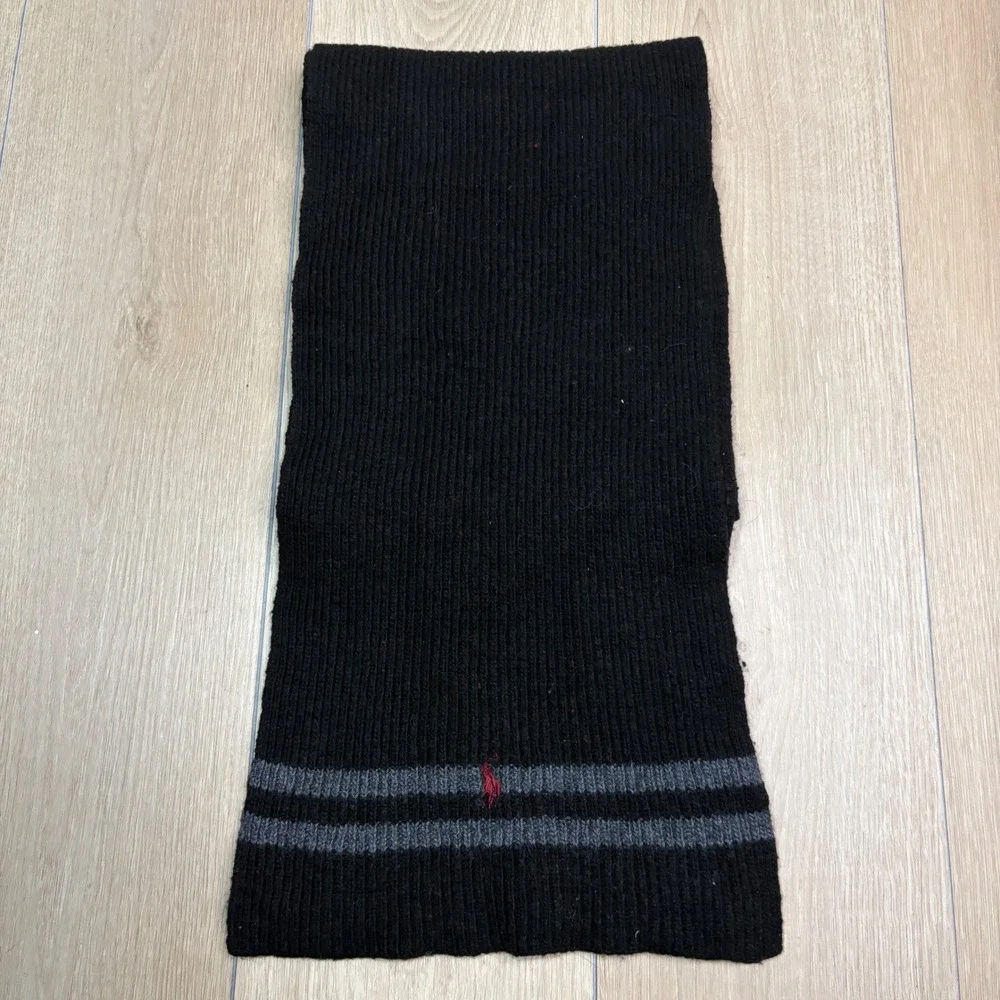 Polo Ralph Lauren Mens Black Ribbed Knit Lambswool Blend Scarf Red Pony Logo